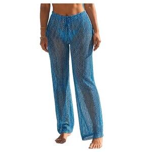 Jordan Taylor Womens Blue Wide Leg Mesh Swim CoverUp Pants Pool Beach -Sz Medium
